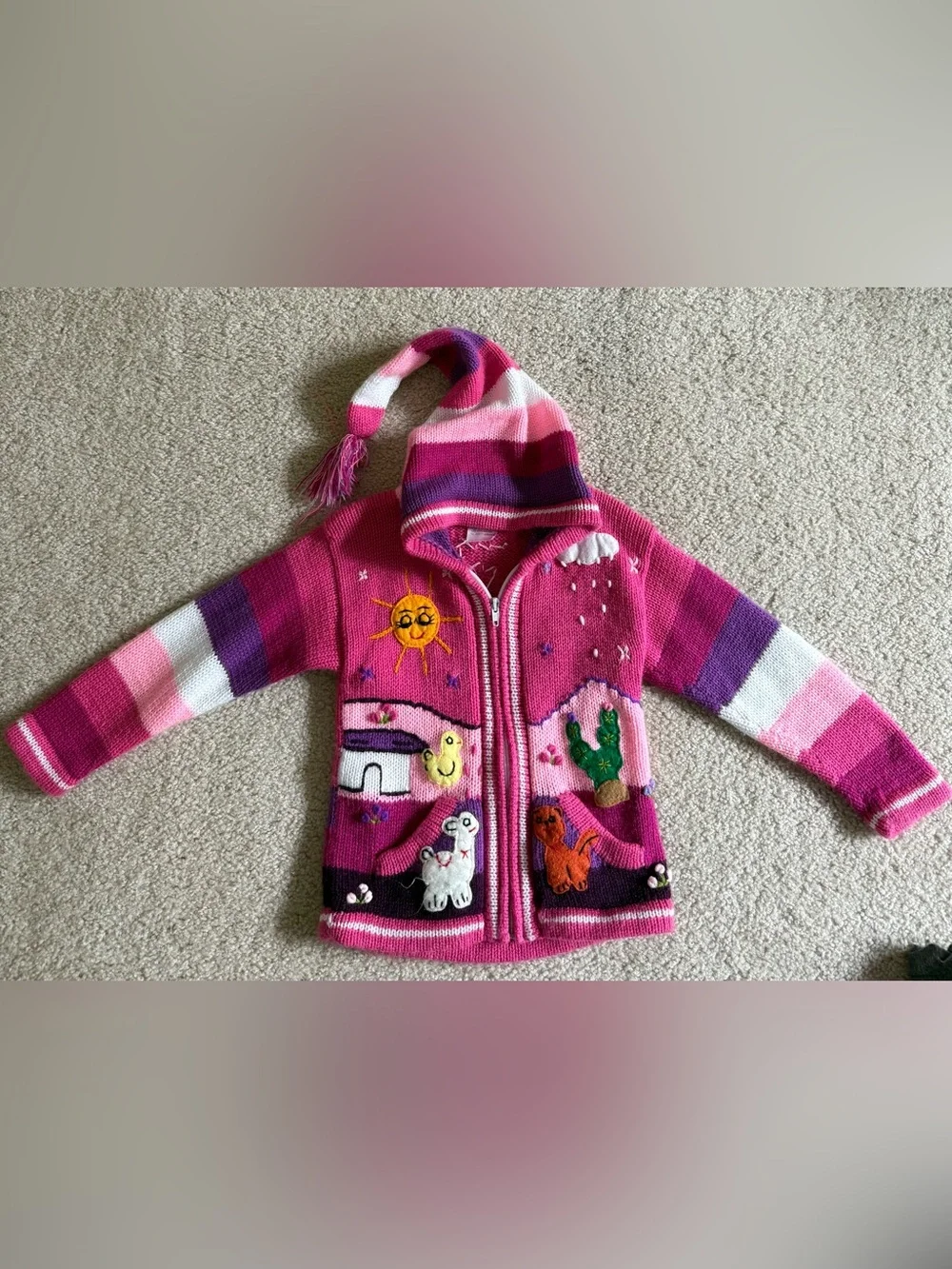 Girls' Pink Striped Hooded Knit Sweater with Animal Appliqués